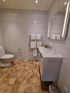 东哈尔马Gamla Järnhandeln - Norrskedika Hotell的白色的浴室设有水槽和卫生间。