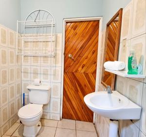 科克Cabinas Coco Alegre的一间带卫生间和水槽的浴室以及一扇木门。