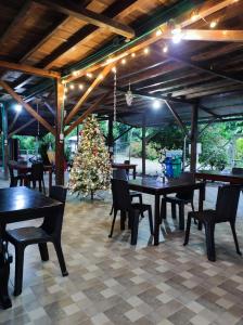比利亚加松Hotel Campo Verde的一间餐厅,配有桌椅和圣诞树