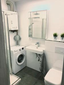 卡托维兹Apartament Gallusa的一间带洗衣机和水槽的浴室