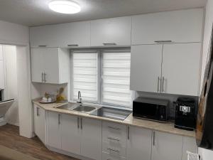 KalesijaApartman ALMA的厨房配有白色橱柜、水槽和微波炉
