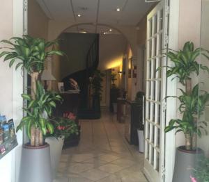 勒比格巴黎酒店的楼内带有盆栽的走廊
