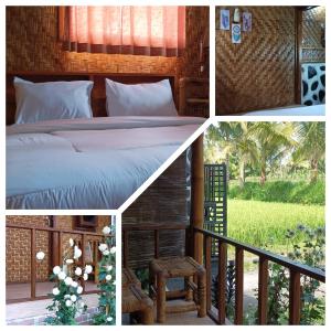特特巴图Mysha Guest House-Lombok的一张床铺和一个阳台的照片拼在一起