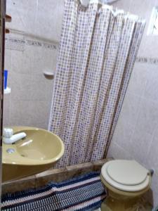伊瓜苏港拉斯彼德拉斯旅馆的一间带水槽、卫生间和淋浴的浴室