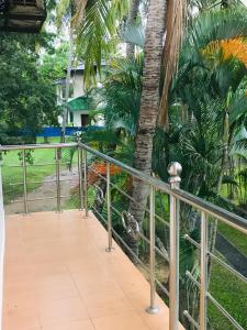 波隆纳鲁沃Green Parrot Family Resort的阳台设有围栏和棕榈树。