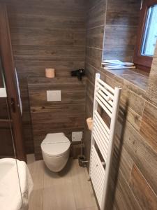 布拉索夫Pensiunea Casa Cranta的一间带卫生间和木墙的浴室