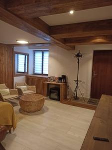 布拉索夫Pensiunea Casa Cranta的大型客厅设有木制天花板和壁炉