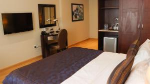 多哈雷托尤酒店的一间卧室配有一张床、一张书桌和一台电视