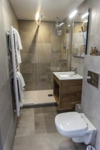 圣若里奥Auberge Les Tilleuls的浴室配有卫生间、盥洗盆和淋浴。