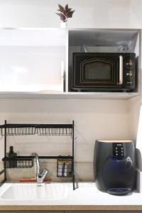 海法Nemo's Luxury Studios的厨房柜台配有微波炉和水槽