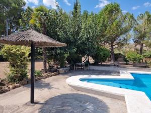 阿利坎特El Rulón, gran villa rural con piscina privada的游泳池旁的一把草伞