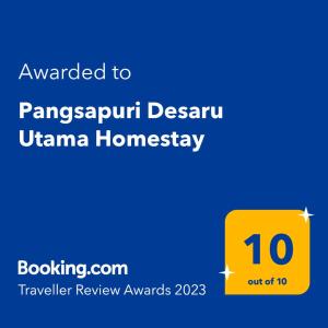 Bandar PenawarPangsapuri Desaru Utama Homestay的黄色标志,文字被授予Panzapuri desuriumeume