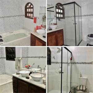 帕拉蒂Cantinho da Bruxa的四张带两个盥洗盆和淋浴的浴室的照片