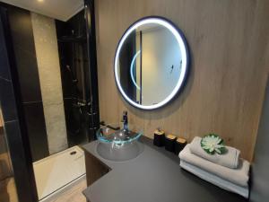 艾克斯莱班Magnifique 3 étoiles en hyper centre avec place privée的一间带水槽和镜子的浴室