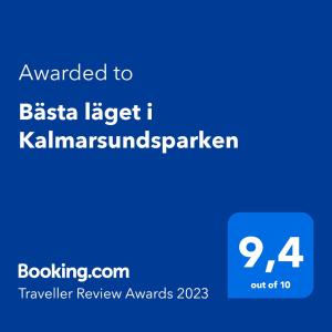 卡尔马Bästa läget i Kalmarsundsparken的一个蓝色文本框,单词被授予比斯塔最大的 卡拉马姆斯旅馆