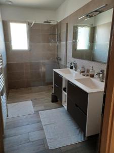 Villeneuve-de-la-RahoRUE DU BAC的浴室配有盥洗盆和带镜子的淋浴