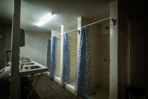 乌斯怀亚Anum Hostel的浴室设有水槽和蓝色的淋浴窗帘