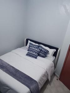 尼耶利Epic homes, Secure1 bedroom furnished partment, ample Parking and WiFi available的一张带蓝色和白色枕头的床