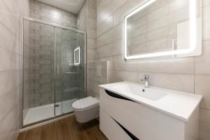 卢森堡IMMOBILIARE Lux Tram的一间带水槽、淋浴和卫生间的浴室