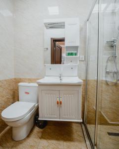 巴库City Inn Nizami Boutique Hotel的浴室配有卫生间、盥洗盆和淋浴。