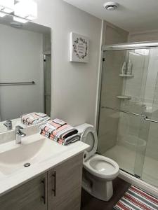 温尼伯Cozy Private 1 bedroom basement suite - free parking and free Wifi的浴室配有卫生间、盥洗盆和淋浴。