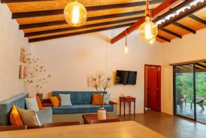 PinchoteCabaña Capella的客厅配有蓝色的沙发和电视