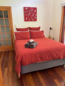 Kin KinKin Kin Cottage Retreat的一间卧室配有红色的床和红色枕头
