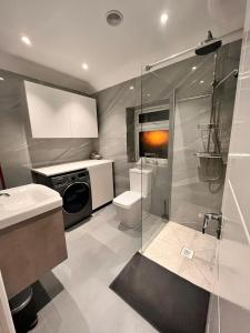 伦敦Cerrkuss Stays的带淋浴、卫生间和盥洗盆的浴室