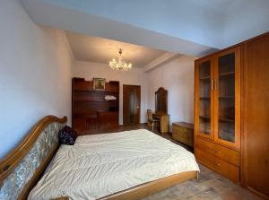 乌兰巴托Five seasons guest house的一间卧室配有一张大床和一个吊灯。