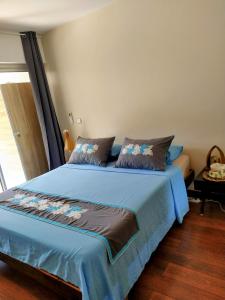 帕皮提Farerei Appartement spacieux, équipé et confortable的一间卧室配有一张带蓝色棉被的床