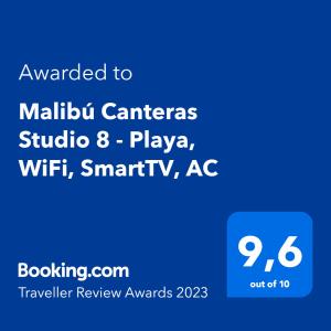 大加那利岛拉斯帕尔马斯Malibú Canteras Studio 8 - Playa, WiFi, SmartTV, AC的手机的屏幕,带有马来布卡的文本