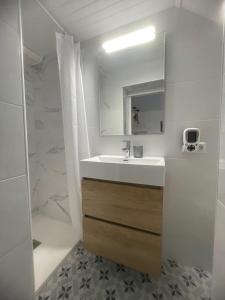 布尔马当Appartement avec chambre ouverte的一间带水槽和镜子的浴室