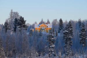 VindelnKronlund Kursgård的雪林中间的橙色房子
