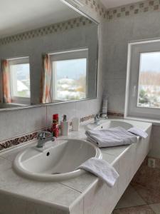 卡罗维发利彩虹膳食公寓酒店的浴室设有大水槽和两面镜子