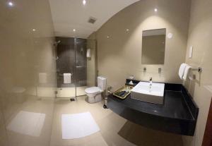 马斯喀特Muscat Express Hotel的一间带水槽、淋浴和卫生间的浴室