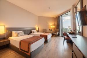 凯里尼亚Hotel Pia Bella的酒店客房配有两张床和一张书桌