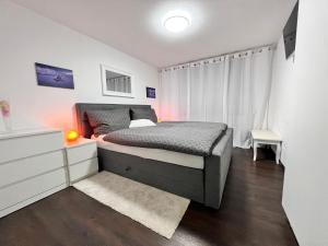 RuerasCasa Ucliva - Charming Alpine Apartment Getaway in the Heart of the Swiss Alps的一间卧室配有一张带床头柜的床和一张四柱床。