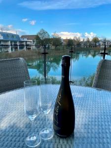 赛伦塞斯特Luxurious Lakefront Home with Pool/Spa Access的一张桌子上放着一瓶葡萄酒,放上两杯