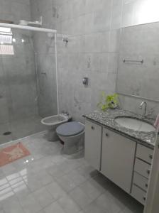 塞拉内格拉Casa no Centro de Serra Negra的浴室配有卫生间、盥洗盆和淋浴。