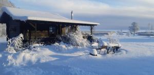 SaulepaSaulepa Cottage的雪覆盖着的房屋,前面有羊