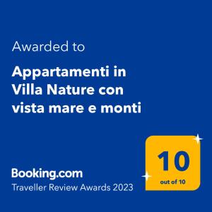 斯克佩罗Appartamenti in Villa Nature con vista mare e monti的黄色的标志表示在别墅里约会的自然环境只是一个月