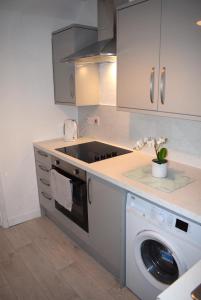 福尔柯克Kelpies Serviced Apartments- Cromwell Apt的厨房配有洗衣机和洗衣机。