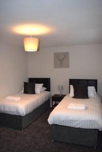福尔柯克Kelpies Serviced Apartments- Cromwell Apt的一间卧室设有两张床,天花板上拥有灯光