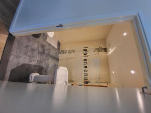 芬洛Appartement - B&B 'la bienvenue' in Venlo, Limburg的享有带水槽和镜子的浴室的景色