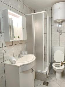 苏佩塔尔Villa Sofija的白色的浴室设有卫生间和水槽。