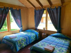 La JuntaLos Coihues Patagonia Lodge的配有窗户的客房内的两张床