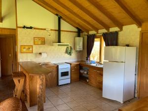 La JuntaLos Coihues Patagonia Lodge的厨房配有白色冰箱和桌子