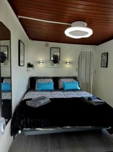 Tejina de IsoraEtoile arc-en-ciel的一间卧室配有一张带蓝色枕头的大床