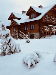 齐斯纳Malinowa Chata的雪地里的小木屋,有雪覆盖的树木