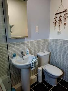 拉内利Coastal apartment with beach on your doorstep!的一间带卫生间和水槽的浴室